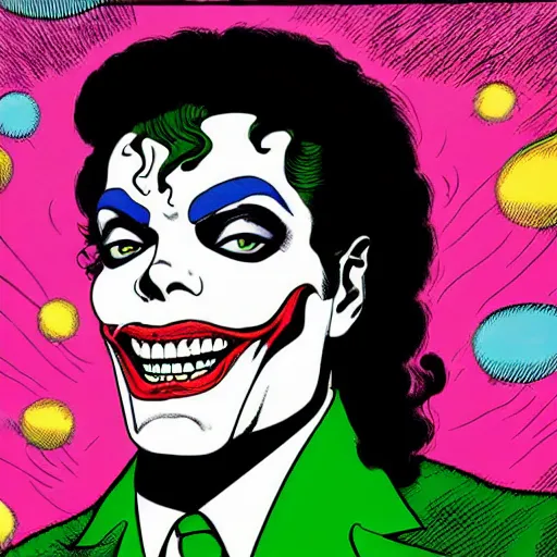 Image similar to dynamic macro head portrait of beautifu michael jackson as the joker in white sequined jacket by john romita sr and cory walker and ryan ottley and jack kirby and barry windsor - smith, comic, illustration, photo real