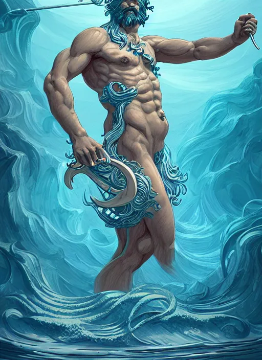 Image similar to an illustration of poseidon, fantasy, highly detailed, digital painting, refreshing, trending on artstation, concept art, smooth, illustration by james jean