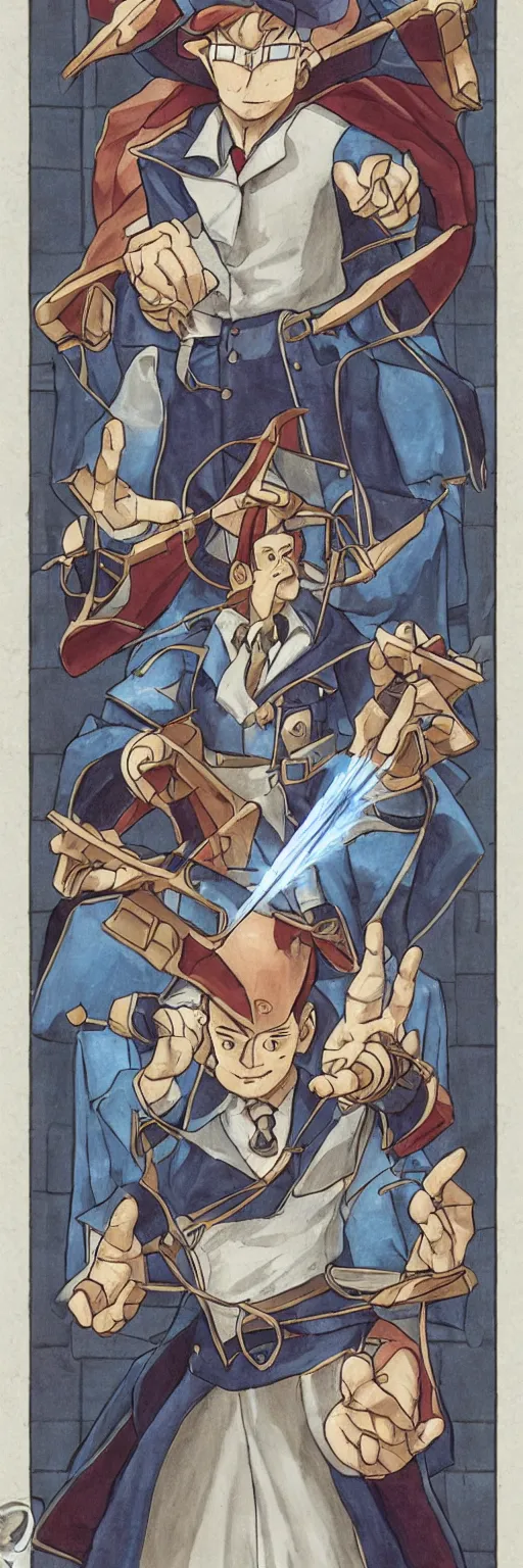 Image similar to the judge from Ace Attorney with a beam scale in one hand. Tarot card Justice, impressive art, detailed, single subject, high quality