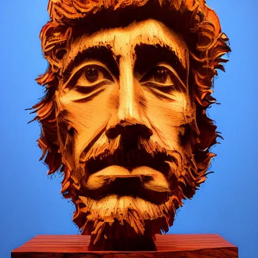 Image similar to accurate portrait of a bob dylan, symmetrical face, carved out of red oak wood on a pedestal art by vincent van gogh, dramatic lighting, artsy, 8 k