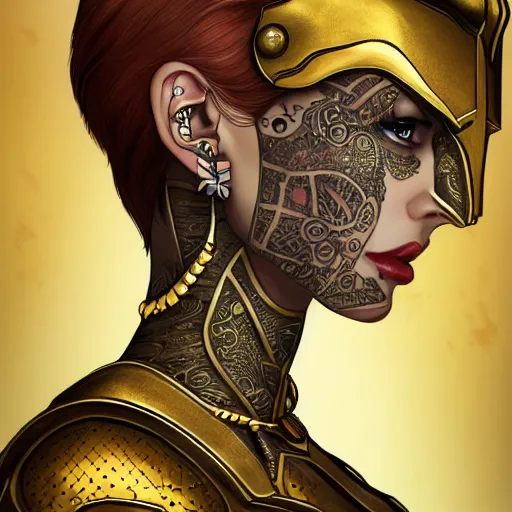 Image similar to a beautiful woman wearing gold armor, redhead, short hair, tattooed face, digital art, extremely detailed