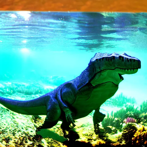 Prompt: t - rex underwater photography and light scattering, water refractions turned out impressive imho,