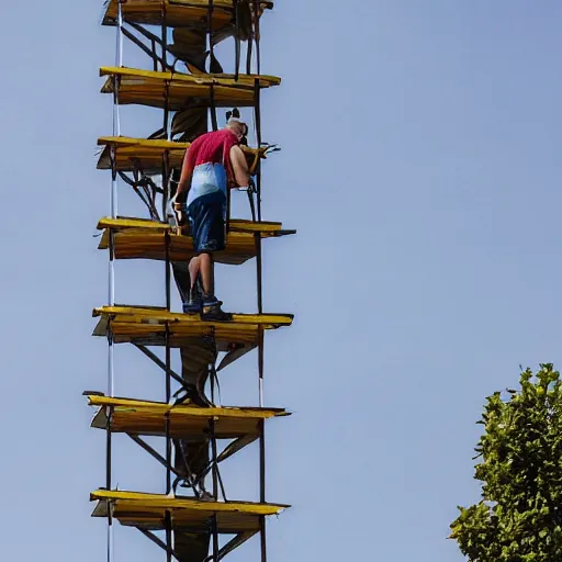 Image similar to a man trying to write the word the on top of a building in stilts