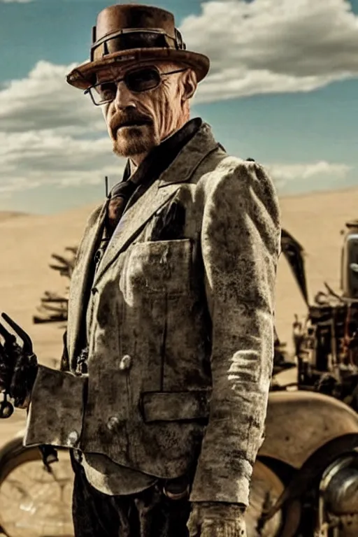 Image similar to steampunk walter white in mad max fury road