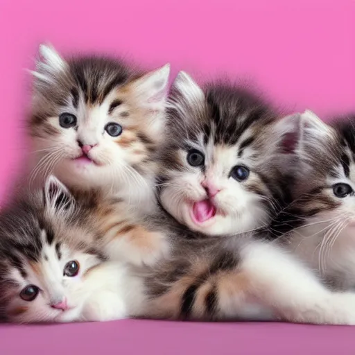 Prompt: hyper realistic photograph of the cutest fluffiest kittens rolling around playfully with cute pink hearts in the background