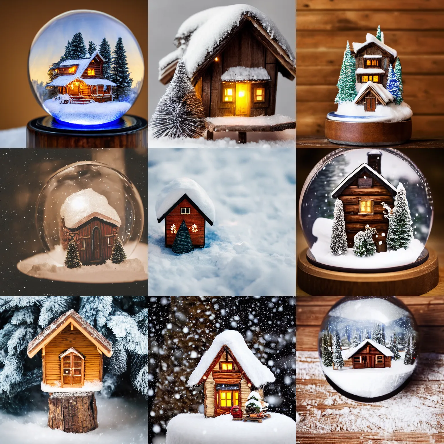 Prompt: A studio photograph of a snowglobe containing a cozy wooden cottage, XF IQ4, 150MP, 50mm, F1.4, ISO 200, 1/160s, natural light, Adobe Lightroom, photolab, Affinity Photo, PhotoDirector 365, 4k, trending on Artstation, award-winning