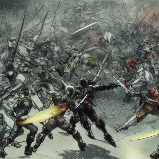 Image similar to one hero with sword vs army of swordsmen in the background, in the middle of an arena, crowd of people, pencil art, straight, clear, added detail, high definiton, colored, backfacing, by yoji shinkawa