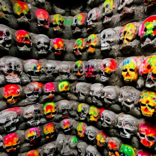 Image similar to photo of paris catacombs with walls of haribo gummy skulls