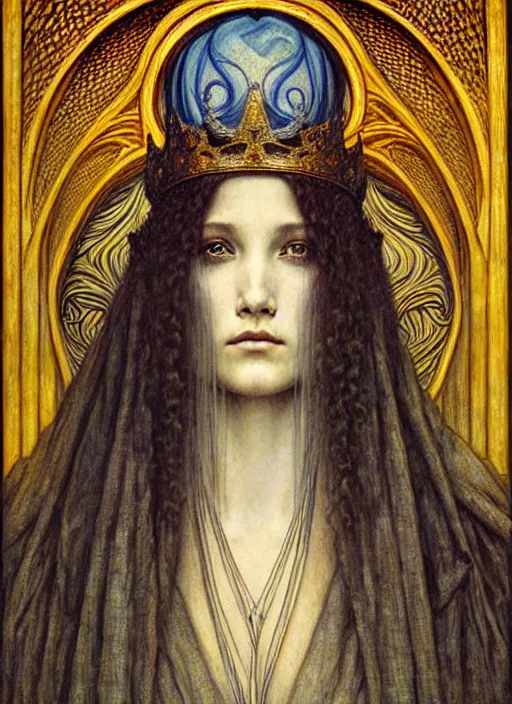 Image similar to detailed realistic beautiful young medieval queen face portrait by jean delville, gustave dore and marco mazzoni, art nouveau, symbolist, visionary, gothic, pre - raphaelite. horizontal symmetry