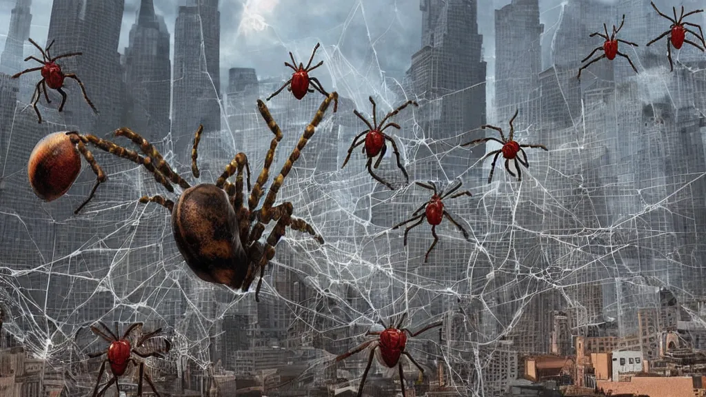 Image similar to giant arachnids attacking the city, realistic, arachnophobia