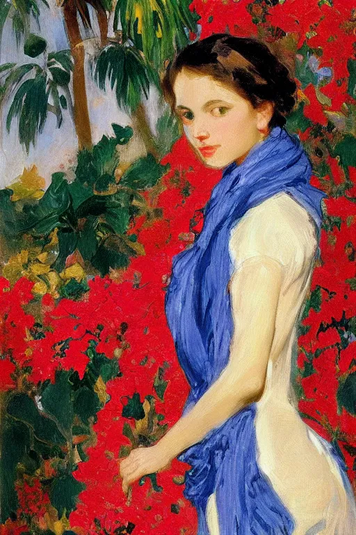 Image similar to a girl with arabesque red and blue and golden detailed scarf near bougainvillea and mexican palms, persian carpet, painting by john singer sargent