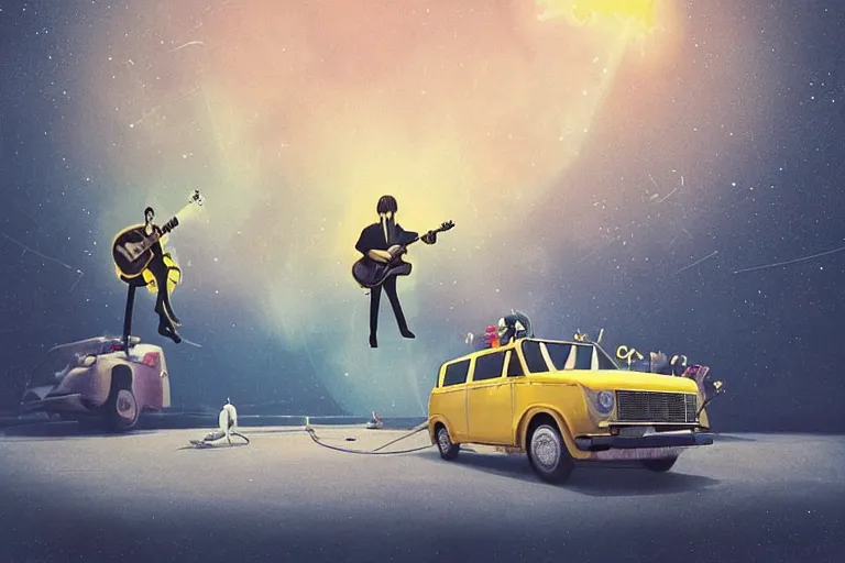 Image similar to the beatles performs with guitar on a yellow flying minivan, sci fi, art by mike winkelmann, trending on cgsociety, retrofuturism, darksynth, sci - fi