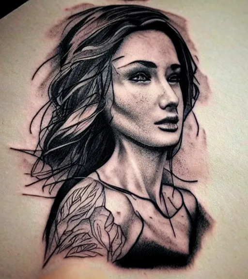 Image similar to amazing blend of beautiful mountain scenery with a beautiful woman face, tattoo design sketch, hyper - realistic, in the style of matteo pasqualin, amazing detail, black and white