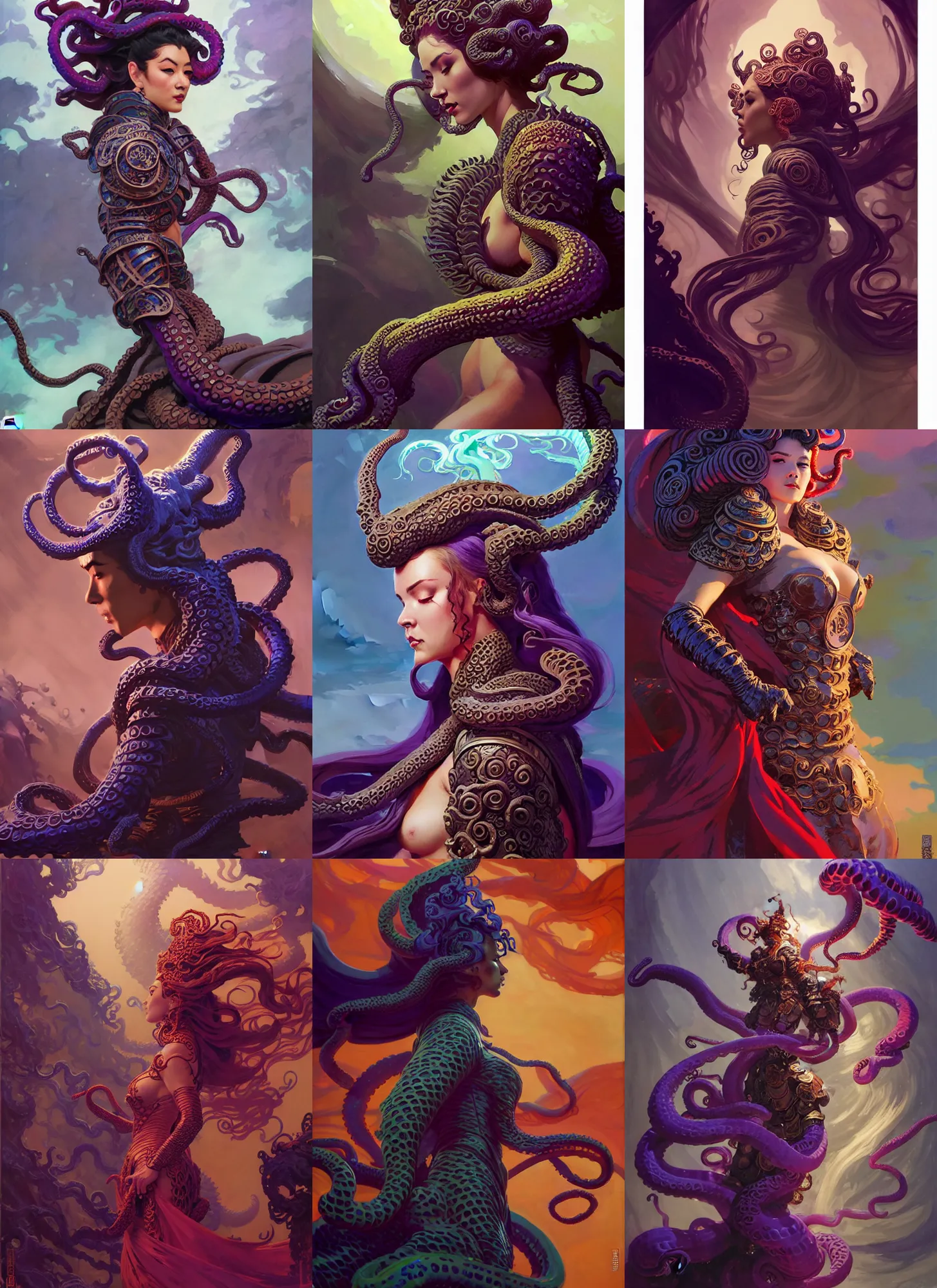 Prompt: side profile, naga, tentacle hair, heavy plate armour, intricate robes, magical dark swirly ripples, inky gaudy colors, by greg manchess, huang guangjian, gil elvgren, sachin teng, greg rutkowski, jesper ejsing, ilya kuvshinov