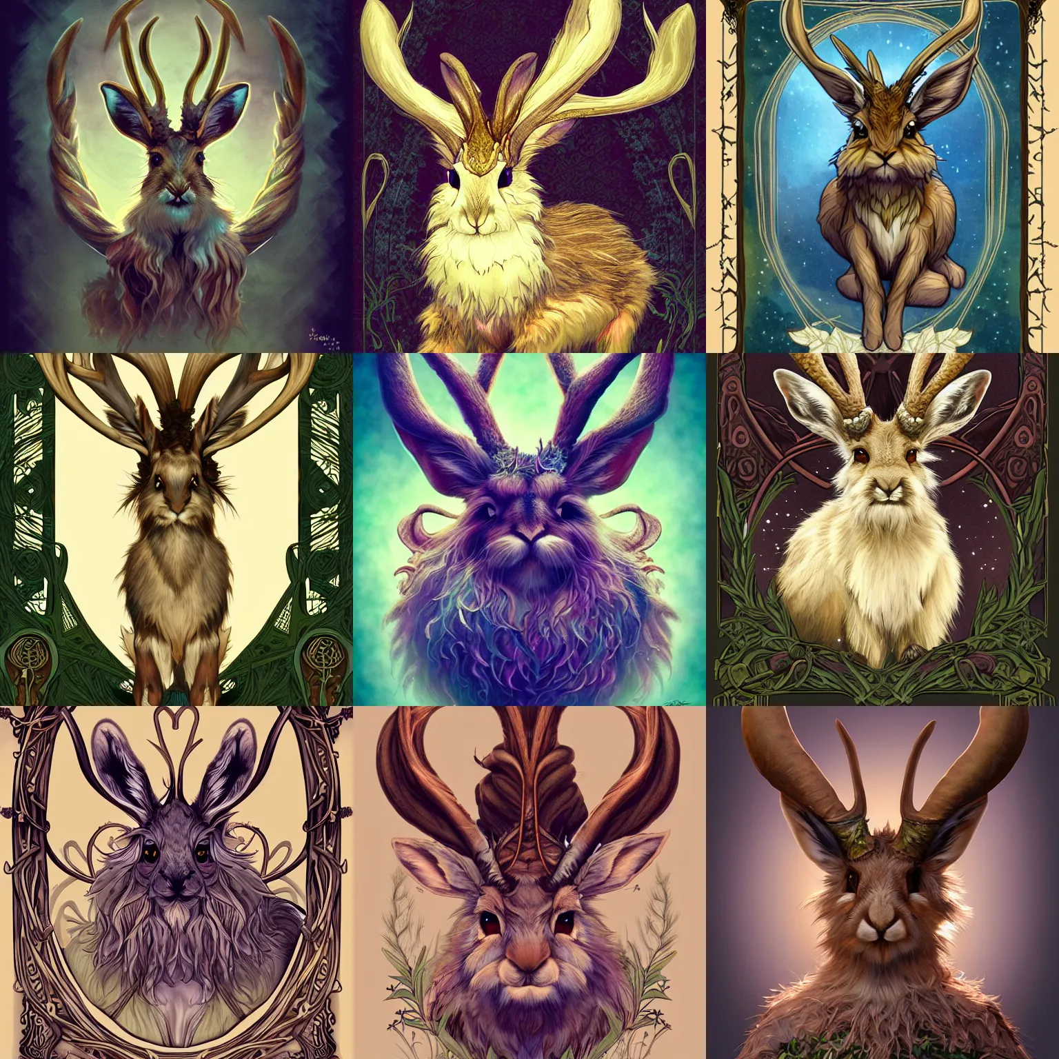 Prompt: portrait of the cutest jackalope druid ever, elegant, art nouveau, dnd, sinuous, fantasy, mystical, magical aesthetics, illustration, fluffy, photorealistic, soft lighting, unreal engine