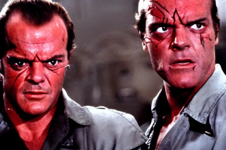 Prompt: Jack Nicholson plays Terminator, his eye glow red, still from the film