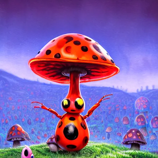 Image similar to 4 k headshot portrait of a psychedelic demonic anthropomorphic ladybug with mushroom themed clothes, magic mushroom village in background by jeff easley, award winning, stylized neon, post - processing, masterpiece, superb resolution. in the art style of junji ito and greg rutkowski. detailed mushroom city in background. hyper realistic anime. perfect art. dalle 2