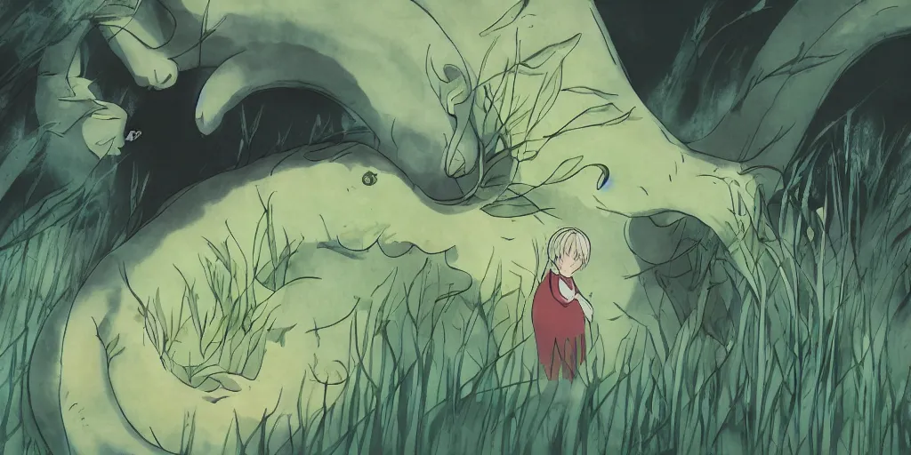 Prompt: jinko showing a new mushi, mushishi by studio ghibli walppaper splash art promo art