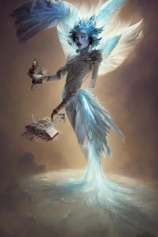 Prompt: beautiful ghost model wearing crystal white feathers, holding books, fantasy, dramatic lighting, highly detailed, digital painting, magic the gathering, hyper detailed, 3 d render, hyper realistic detailed portrait, peter mohrbacher, wlop, ruan jia