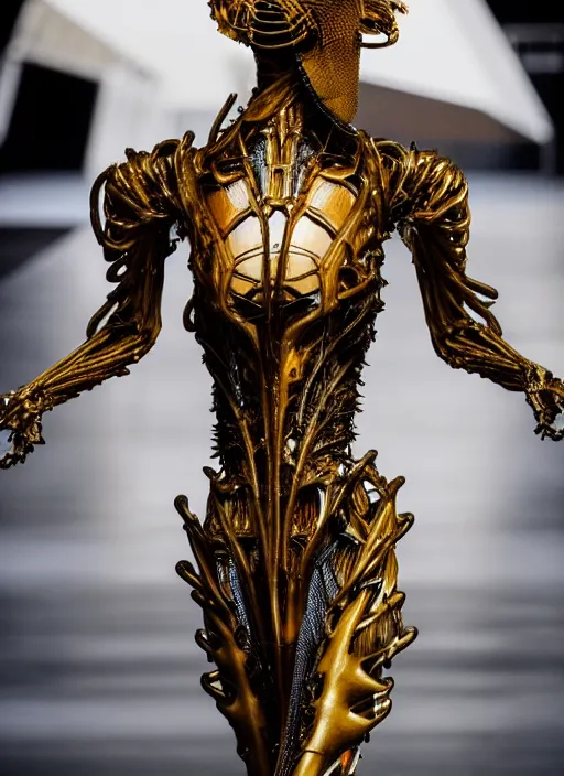 Image similar to walking down the catwalk, show, stage, vogue photo, podium, fashion show photo, iris van herpen baroque dress, beautiful woman, perfect body, full body shot, helmet on face, masterpiece, guyver, giger, biomechanical details, denis villeneuve, movie still, fauvism, cinestill, bokeh