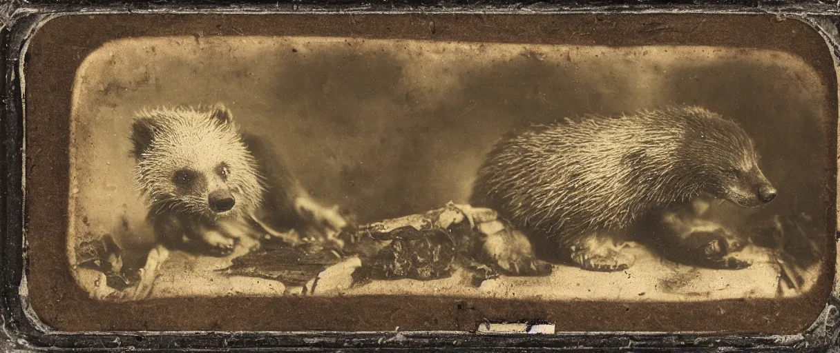 Image similar to detailed daguerreotype of a honey badger as watchmaker in workshop, stempunk vintage style, wet collodion, stempunk, sepia, monochrome black and white, artistic photo from late xix century, high resolution, dark atmosphere, gum bichromate