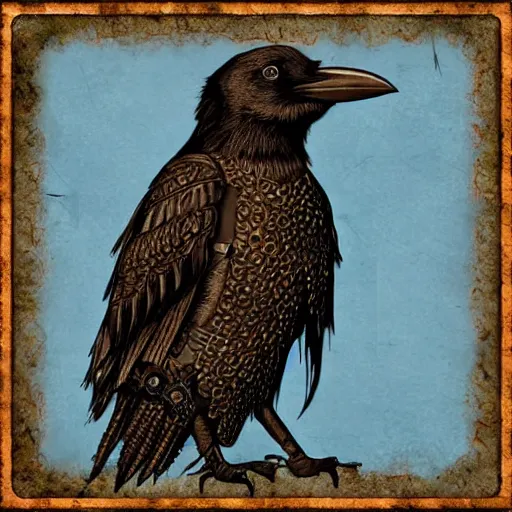 Prompt: elaborate, detailed, steampunk crow on a blue background