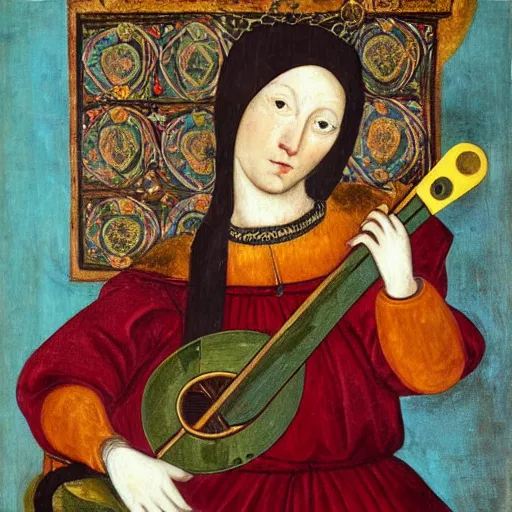 Image similar to cat with lute, flowers in the background, medieval portrait, colorful, medium shot