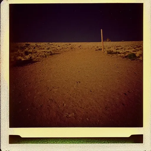 Prompt: a slot machine in the distance in the middle of a desert at night, very dark, dark lighting, old polaroid, damaged film, expired film, slightly blurry, liminal space, surreal,