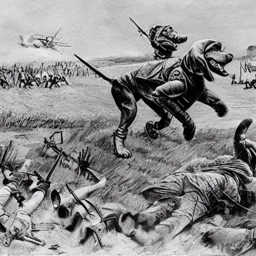 Image similar to clifford the big red dog invading at the battle of normandy, historical photo