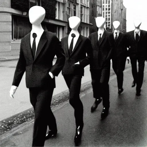 Prompt: wide-shot low angle of empty animated formal suits ((heads)) walking down the street, polaroid photo, by Andy Warhol, by Rene Magritte