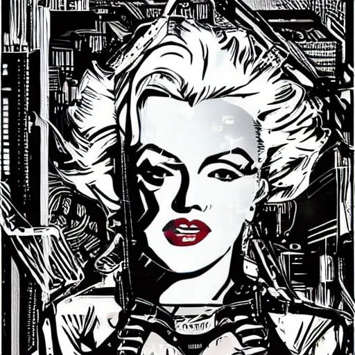 Image similar to Illustrated by Shepard Fairey and H.R. Geiger | Cyberpunk Marilyn Monroe with VR helmet, surrounded by cables