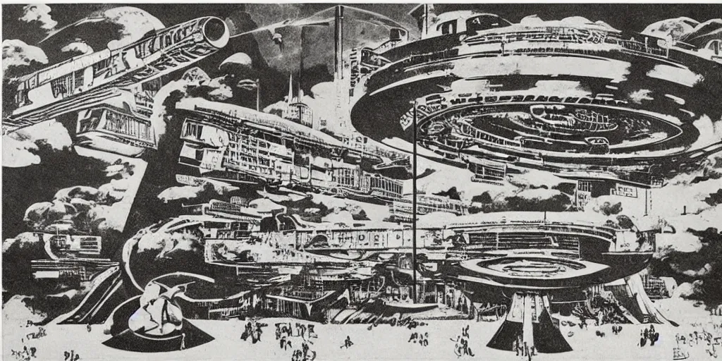 Image similar to huge brutalistic soviet space station by le corbusier, by joe penton, virgil finlay