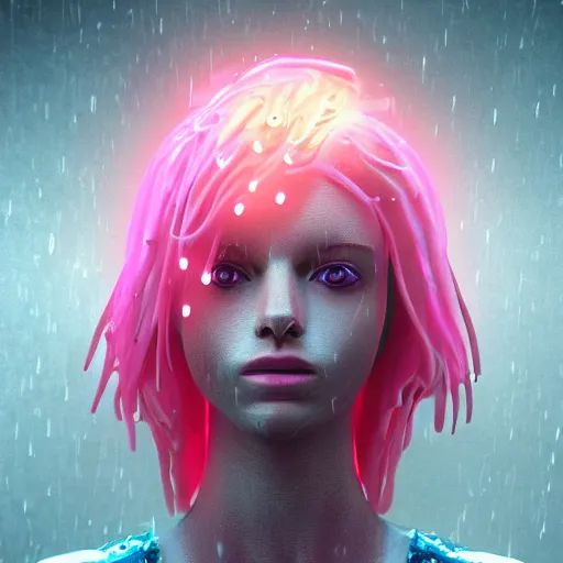 Image similar to angel spirit guide, cartoon portrait made out of rain, realistic, highly detailed, neon, rendered in octane, unreal engine, beautiful, trending on artstation,