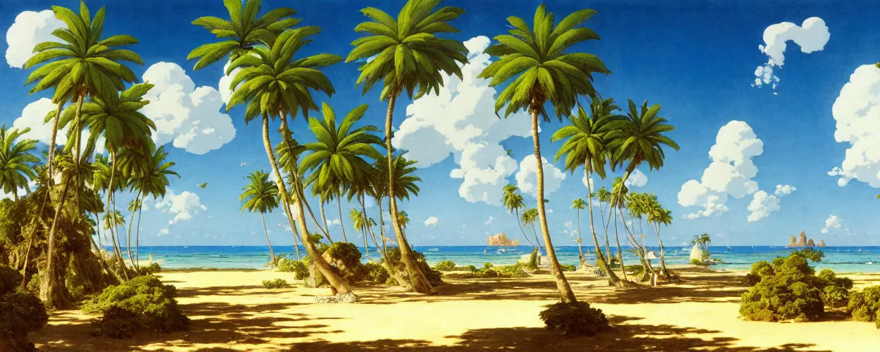 Prompt: ghibli illustrated background of a strikingly beautiful blue sky with puffy white clouds over a tropical beach with palm trees by eugene von guerard, ivan shishkin, john singer sargent, 4 k