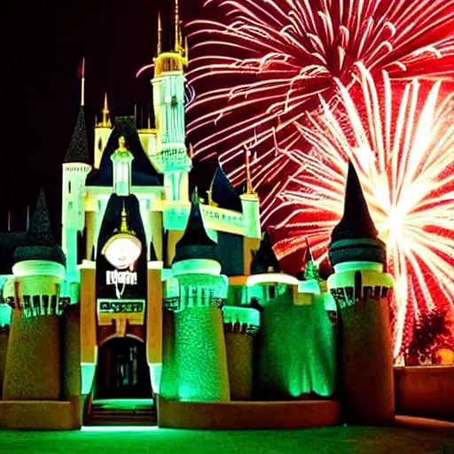 Prompt: A Disney style castle, with neon lights and fireworks, in Gaspé.