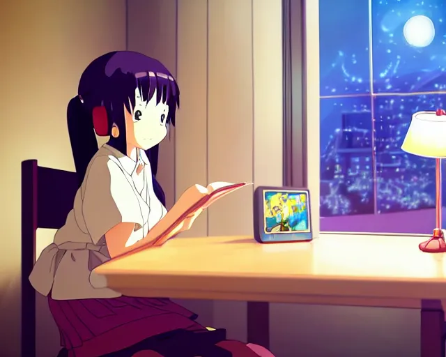 Image similar to anime fine details portrait of joyful school girl talk with robot in her room at the table, evening, lamp, lo-fi, open window, dark city landscape on the background deep bokeh, profile close-up view, anime masterpiece by Studio Ghibli. 8k, sharp high quality anime