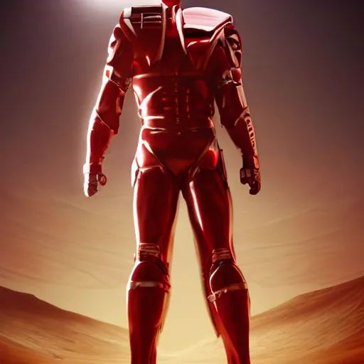 Image similar to tall muscular infantry man in glossy sleek white armor with a few red details and a long red cape, heroic posture, on the surface of mars, night time, dramatic lighting, cinematic, sci-fi, hyperrealistic, movie still