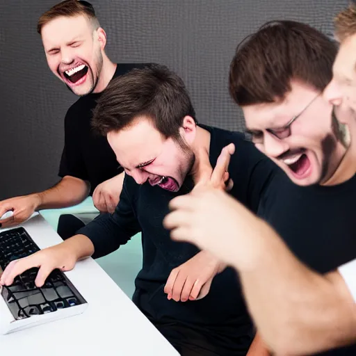Prompt: several guys typing on keyboard while laughing very hard, mouth wide open, studio light, photorealsitic