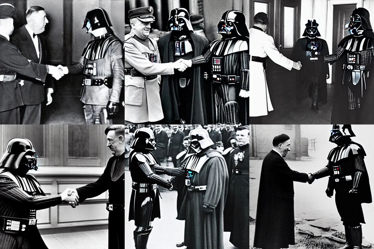 Prompt: ww2 photo of darth vader shaking hands with adolf hitler, highly detailed faces