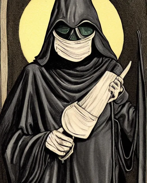 Image similar to a man in black hooded robes holding a plague doctor mask in hand, detailed art by greg rukowtski