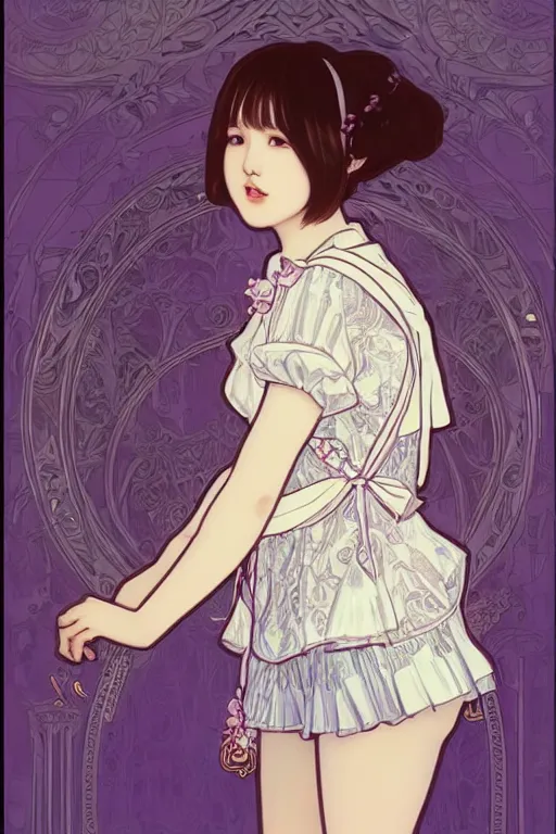 Image similar to Portrait of Eunha from Viviz and gFriend with short hair wearin purple overall shorts, short puffy pants, white tights, Golden Ribbon, and a billowy scarf. masterpiece 4k digital illustration, award winning, Artstation, art nouveau aesthetic, Alphonse Mucha background, intricate details, realistic, panoramic view, Hyperdetailed, 8k resolution, intricate art nouveau