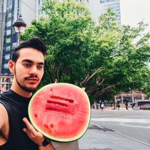 Prompt: photo of young man take selfie behind a giant watermelon, the background is new York street, realistic