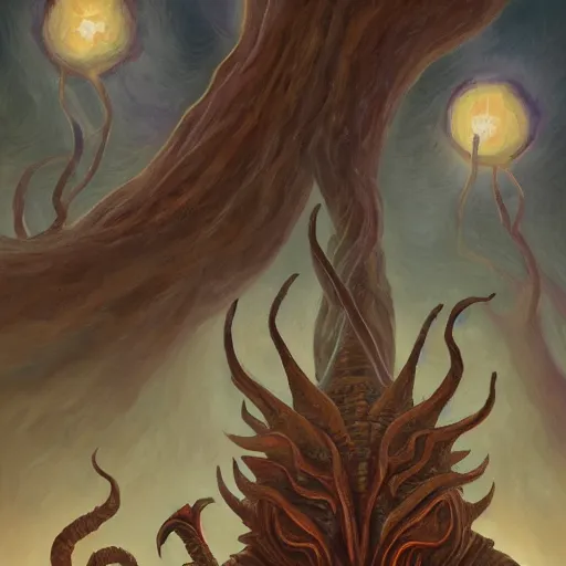 Prompt: a village built on the god of nyarlathotep, toad - like creatures that seemed to change their shape and appearance constantly, and from which emanated, in some way that i am unable to distinguish, a horrible hooting, a kind of flute. oil painting, digital art, ultradetailed, artstation