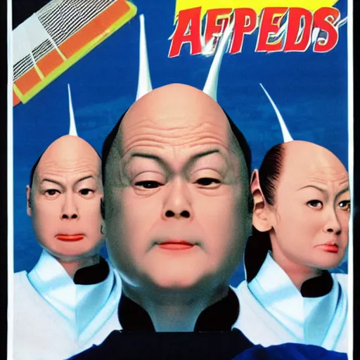 Image similar to coneheads, japanese vhs cover art, detailed facial expressions h - 1 0 2 4 w - 5 1 2