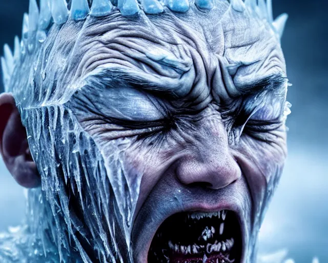 Image similar to ugly - cryer crying ice tears justin sun as night king in game of thrones, stunning tears made of ice, crimson - black bee army behind, 4 k, epic, cinematic, focus, movie still, fantasy, extreme detail, atmospheric, dark colour, sharp focus