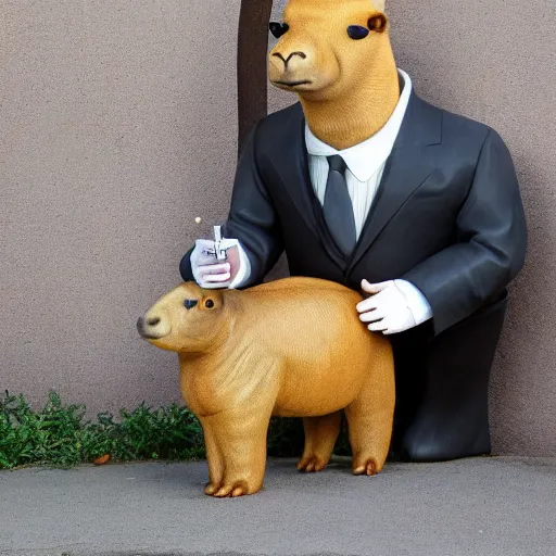 Image similar to an antropomorphic capybara wearing a suit smoking a cigar