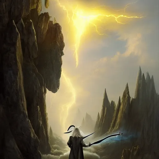 Prompt: gandalf casts a lightningbolt on saruman, wizardbattle, dramatic light, night, thunderclouds, fantasy background, painted by stanley lau, painted by greg rutkowski, painted by stanley artgerm, digital art, trending on artstation