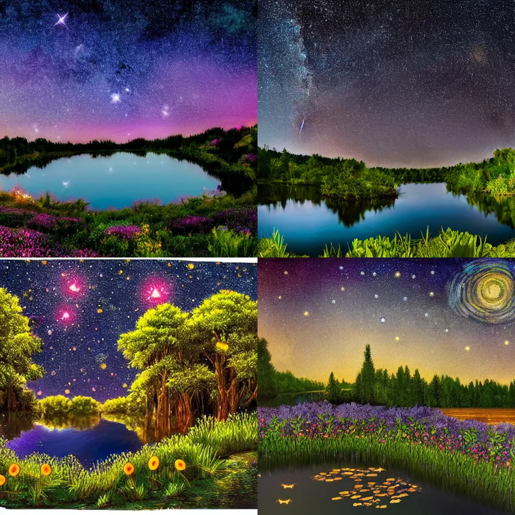 Prompt: a lake surrounded by magical flowers and fireflies reflecting a starry night sky