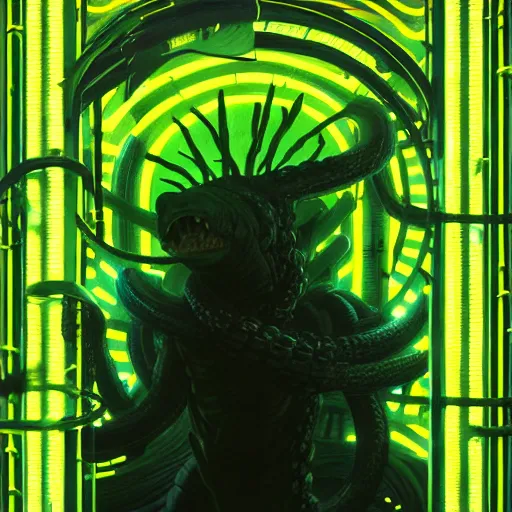 Image similar to menacing aggressive black slimy creature made out of needles, inside a gas station, aggressive harsh bright fluorescent industrial green/blue lighting, extremely detailed digital matte painting buy Greg Rutkowski and Alphonse Mucha