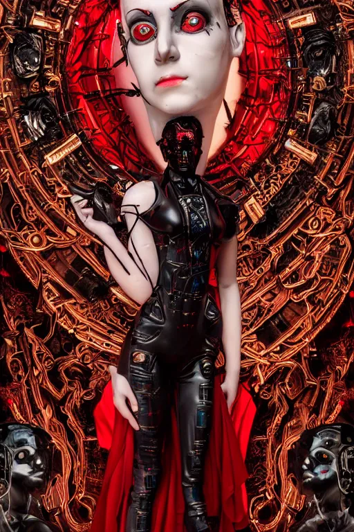 Image similar to full-body cyberpunk style sculpture of a young beautiful dark priestess, half android with a head opening exposing circuitry, glowing red eyes, black roses, flowing blood red colored silk, fabric, candles. baroque elements, human skull. full-length view. baroque element. intricate artwork by Caravaggio. crows flying in background. Trending on artstation, octane render, cinematic lighting from the right, hyper realism, octane render, 8k, depth of field, 3D